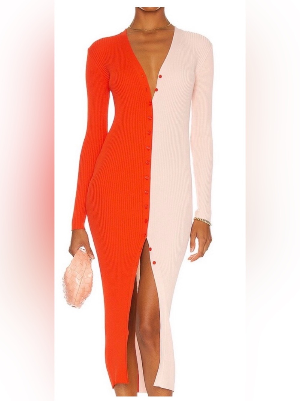 Staud Shoko Ribbed Knit Dress - Orange & Light Pink, Small